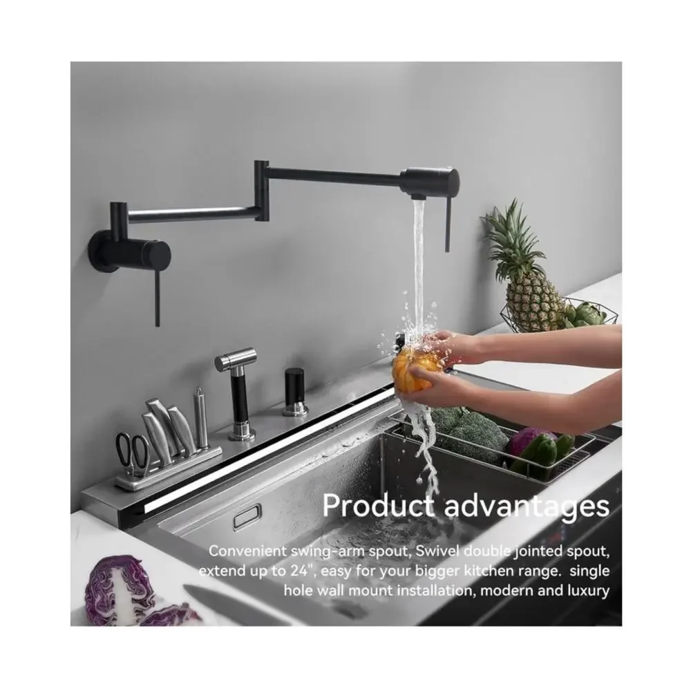 Black Wall Mount Pot Filler Faucet 360° Swivel Folding Swing Arm‎ Built Bearing